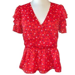 Madewell blouse peplum shirt tiered ruffled sleeves V-neck side zipper Size 4
